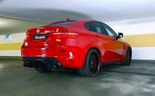 Красный BMW X6, БМВ, тюнинг, цвет, парковка, диски, сзади